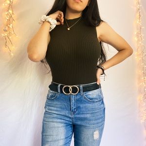 Forest Green Sleeveless Mock Neck Fitted Top